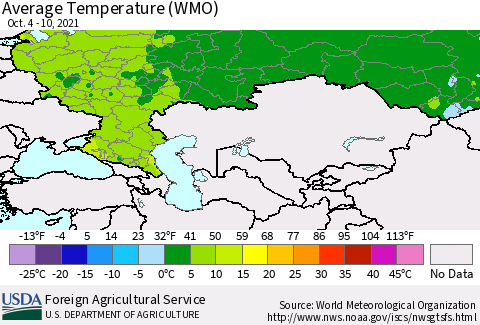 Russian Federation Average Temperature (WMO) Thematic Map For 10/4/2021 - 10/10/2021