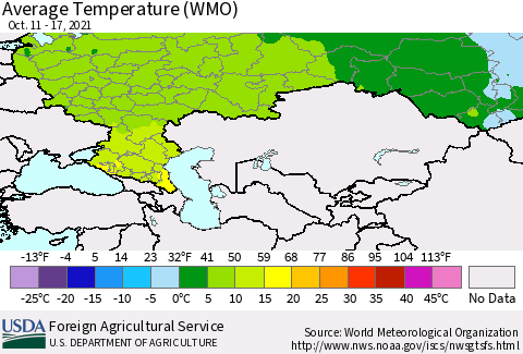 Russian Federation Average Temperature (WMO) Thematic Map For 10/11/2021 - 10/17/2021