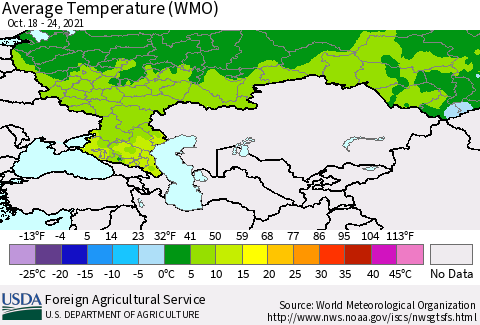 Russian Federation Average Temperature (WMO) Thematic Map For 10/18/2021 - 10/24/2021