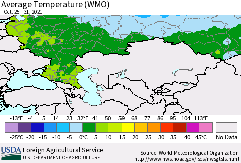 Russian Federation Average Temperature (WMO) Thematic Map For 10/25/2021 - 10/31/2021