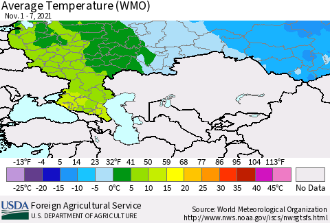 Russian Federation Average Temperature (WMO) Thematic Map For 11/1/2021 - 11/7/2021