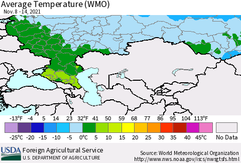 Russian Federation Average Temperature (WMO) Thematic Map For 11/8/2021 - 11/14/2021
