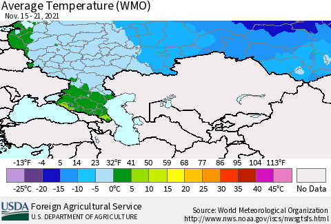 Russian Federation Average Temperature (WMO) Thematic Map For 11/15/2021 - 11/21/2021