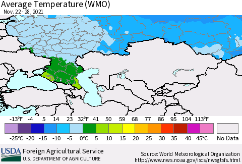 Russian Federation Average Temperature (WMO) Thematic Map For 11/22/2021 - 11/28/2021
