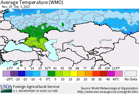 Russian Federation Average Temperature (WMO) Thematic Map For 11/29/2021 - 12/5/2021