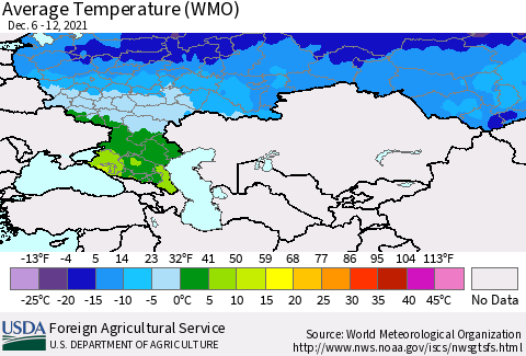 Russian Federation Average Temperature (WMO) Thematic Map For 12/6/2021 - 12/12/2021