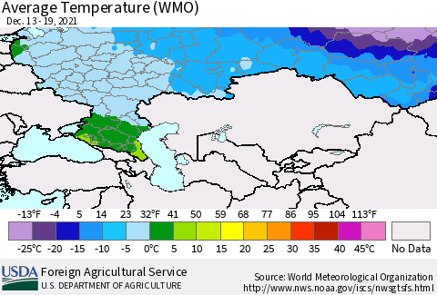 Russian Federation Average Temperature (WMO) Thematic Map For 12/13/2021 - 12/19/2021
