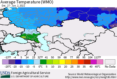Russian Federation Average Temperature (WMO) Thematic Map For 12/27/2021 - 1/2/2022