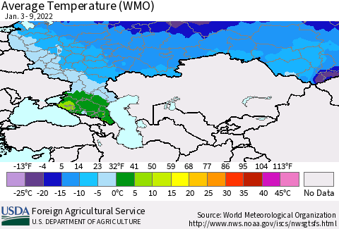 Russian Federation Average Temperature (WMO) Thematic Map For 1/3/2022 - 1/9/2022