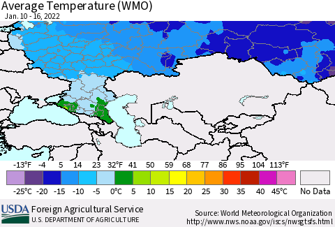 Russian Federation Average Temperature (WMO) Thematic Map For 1/10/2022 - 1/16/2022