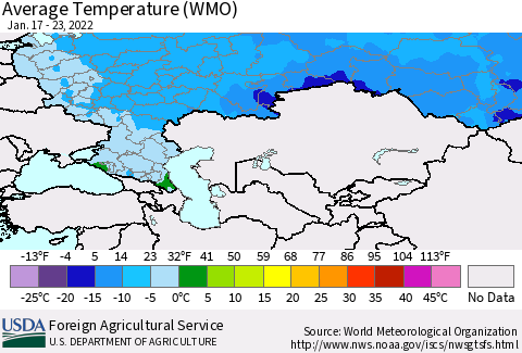 Russian Federation Average Temperature (WMO) Thematic Map For 1/17/2022 - 1/23/2022