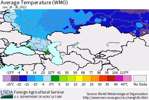 Russian Federation Average Temperature (WMO) Thematic Map For 1/24/2022 - 1/30/2022