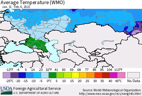 Russian Federation Average Temperature (WMO) Thematic Map For 1/31/2022 - 2/6/2022