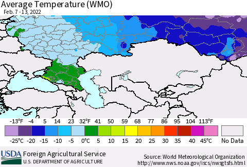Russian Federation Average Temperature (WMO) Thematic Map For 2/7/2022 - 2/13/2022