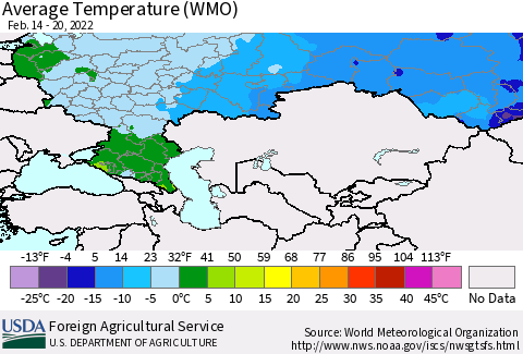 Russian Federation Average Temperature (WMO) Thematic Map For 2/14/2022 - 2/20/2022