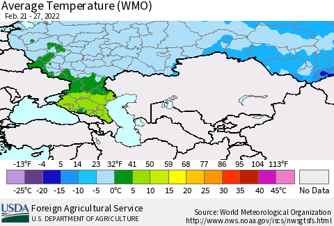 Russian Federation Average Temperature (WMO) Thematic Map For 2/21/2022 - 2/27/2022