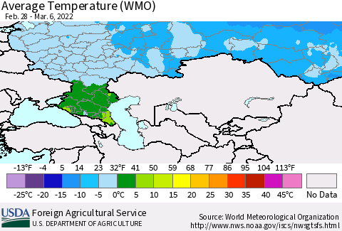 Russian Federation Average Temperature (WMO) Thematic Map For 2/28/2022 - 3/6/2022