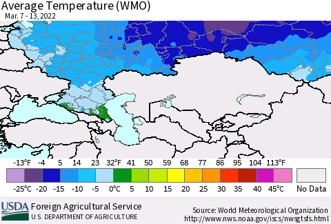 Russian Federation Average Temperature (WMO) Thematic Map For 3/7/2022 - 3/13/2022