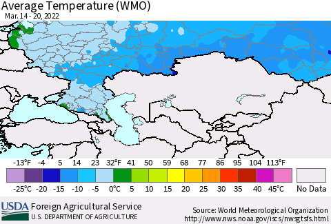 Russian Federation Average Temperature (WMO) Thematic Map For 3/14/2022 - 3/20/2022