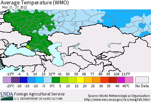 Russian Federation Average Temperature (WMO) Thematic Map For 3/21/2022 - 3/27/2022