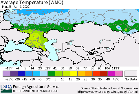 Russian Federation Average Temperature (WMO) Thematic Map For 3/28/2022 - 4/3/2022
