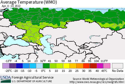 Russian Federation Average Temperature (WMO) Thematic Map For 4/4/2022 - 4/10/2022
