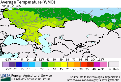 Russian Federation Average Temperature (WMO) Thematic Map For 4/18/2022 - 4/24/2022