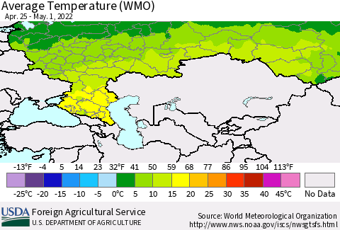 Russian Federation Average Temperature (WMO) Thematic Map For 4/25/2022 - 5/1/2022