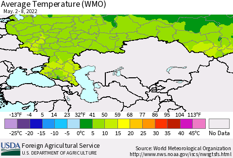 Russian Federation Average Temperature (WMO) Thematic Map For 5/2/2022 - 5/8/2022