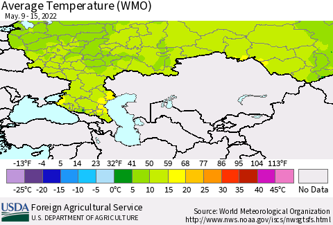 Russian Federation Average Temperature (WMO) Thematic Map For 5/9/2022 - 5/15/2022
