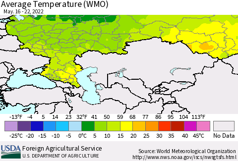 Russian Federation Average Temperature (WMO) Thematic Map For 5/16/2022 - 5/22/2022