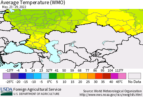Russian Federation Average Temperature (WMO) Thematic Map For 5/23/2022 - 5/29/2022