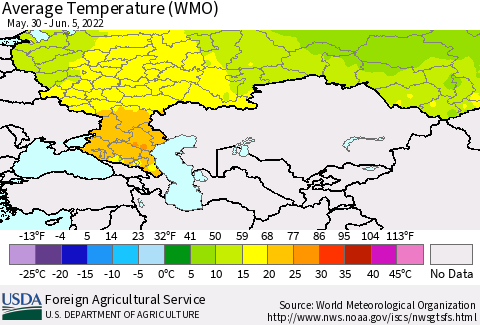 Russian Federation Average Temperature (WMO) Thematic Map For 5/30/2022 - 6/5/2022