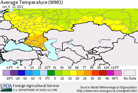 Russian Federation Average Temperature (WMO) Thematic Map For 6/6/2022 - 6/12/2022