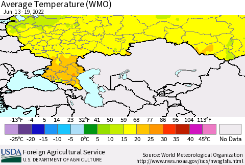 Russian Federation Average Temperature (WMO) Thematic Map For 6/13/2022 - 6/19/2022