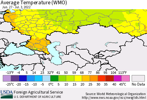 Russian Federation Average Temperature (WMO) Thematic Map For 6/27/2022 - 7/3/2022