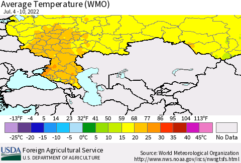 Russian Federation Average Temperature (WMO) Thematic Map For 7/4/2022 - 7/10/2022