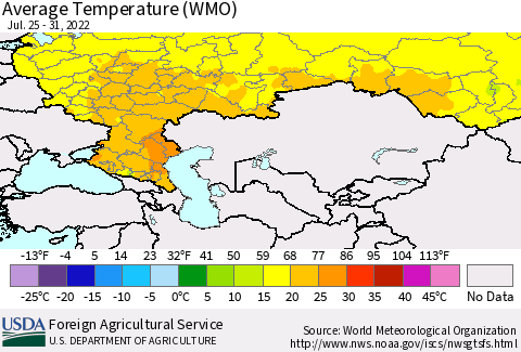 Russian Federation Average Temperature (WMO) Thematic Map For 7/25/2022 - 7/31/2022