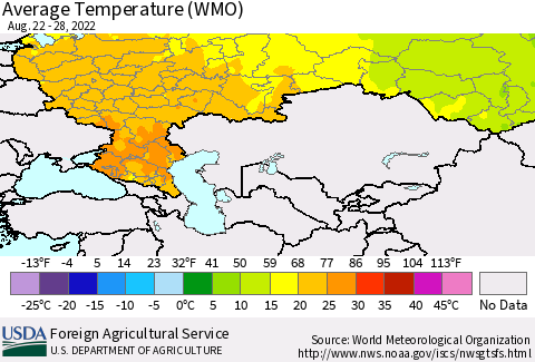 Russian Federation Average Temperature (WMO) Thematic Map For 8/22/2022 - 8/28/2022