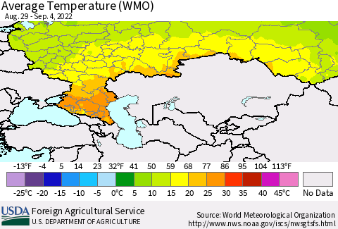 Russian Federation Average Temperature (WMO) Thematic Map For 8/29/2022 - 9/4/2022