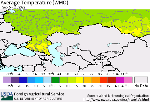 Russian Federation Average Temperature (WMO) Thematic Map For 9/5/2022 - 9/11/2022