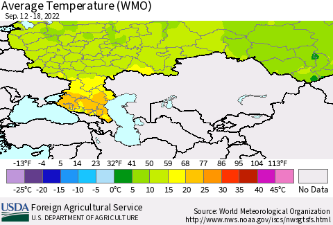 Russian Federation Average Temperature (WMO) Thematic Map For 9/12/2022 - 9/18/2022