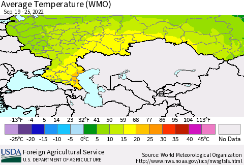 Russian Federation Average Temperature (WMO) Thematic Map For 9/19/2022 - 9/25/2022