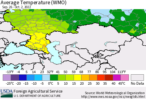 Russian Federation Average Temperature (WMO) Thematic Map For 9/26/2022 - 10/2/2022