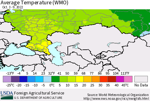 Russian Federation Average Temperature (WMO) Thematic Map For 10/3/2022 - 10/9/2022