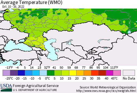 Russian Federation Average Temperature (WMO) Thematic Map For 10/10/2022 - 10/16/2022
