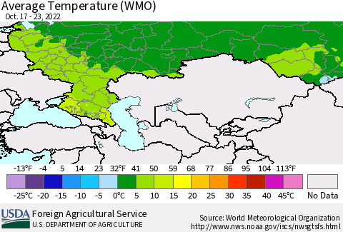 Russian Federation Average Temperature (WMO) Thematic Map For 10/17/2022 - 10/23/2022