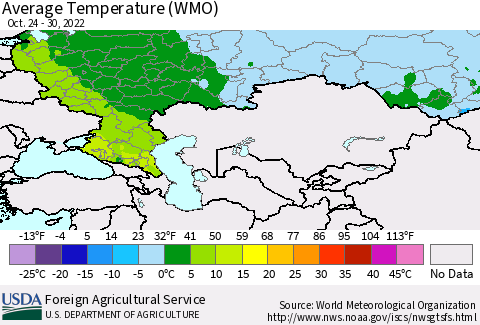 Russian Federation Average Temperature (WMO) Thematic Map For 10/24/2022 - 10/30/2022