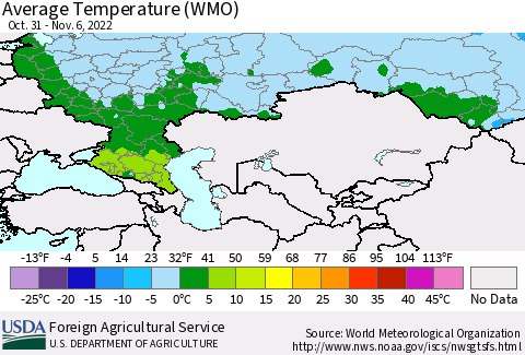 Russian Federation Average Temperature (WMO) Thematic Map For 10/31/2022 - 11/6/2022