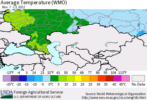 Russian Federation Average Temperature (WMO) Thematic Map For 11/7/2022 - 11/13/2022